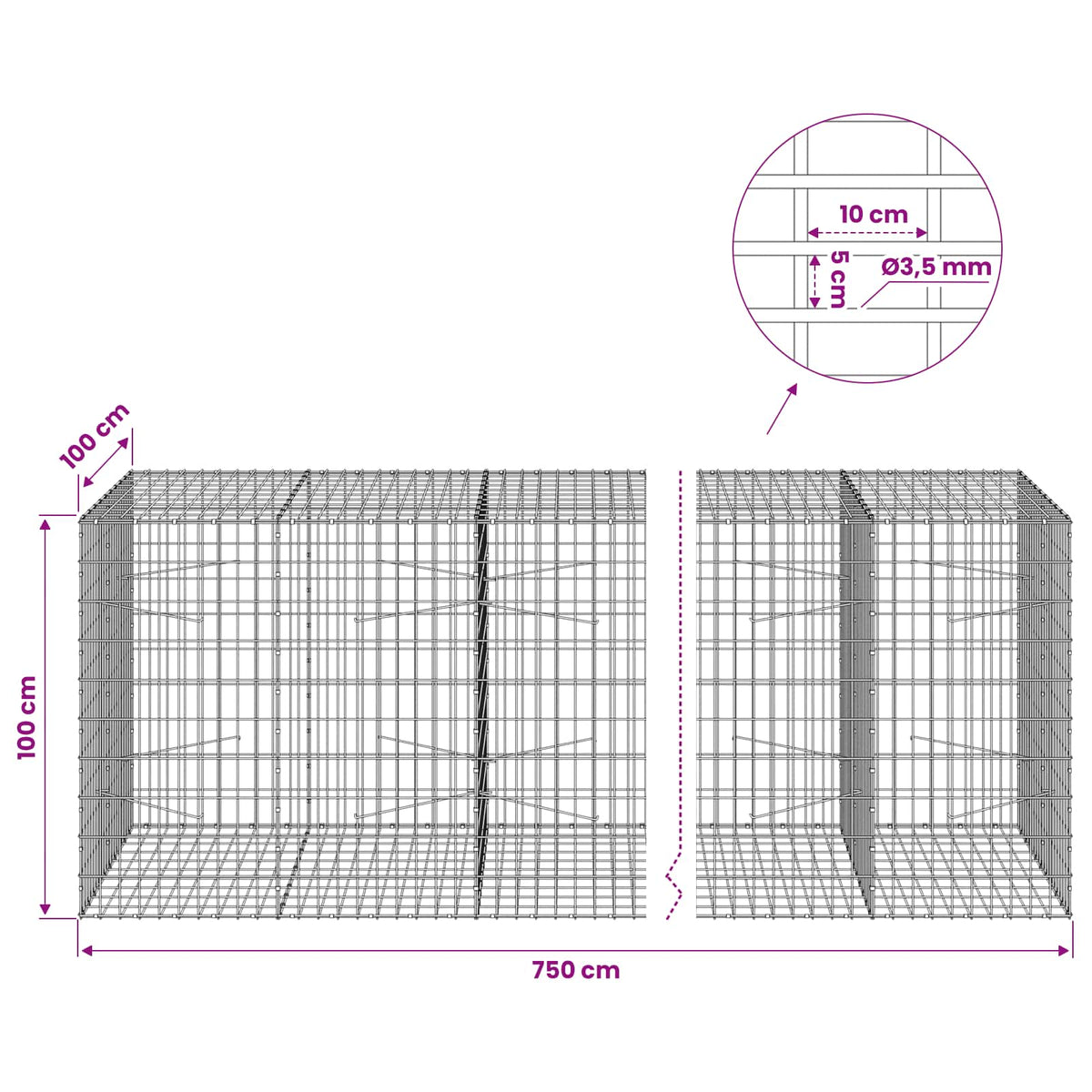 vidaXL Gabion with 3.5 mm Wire and 5x10 cm Mesh 750x100x100 cm 6