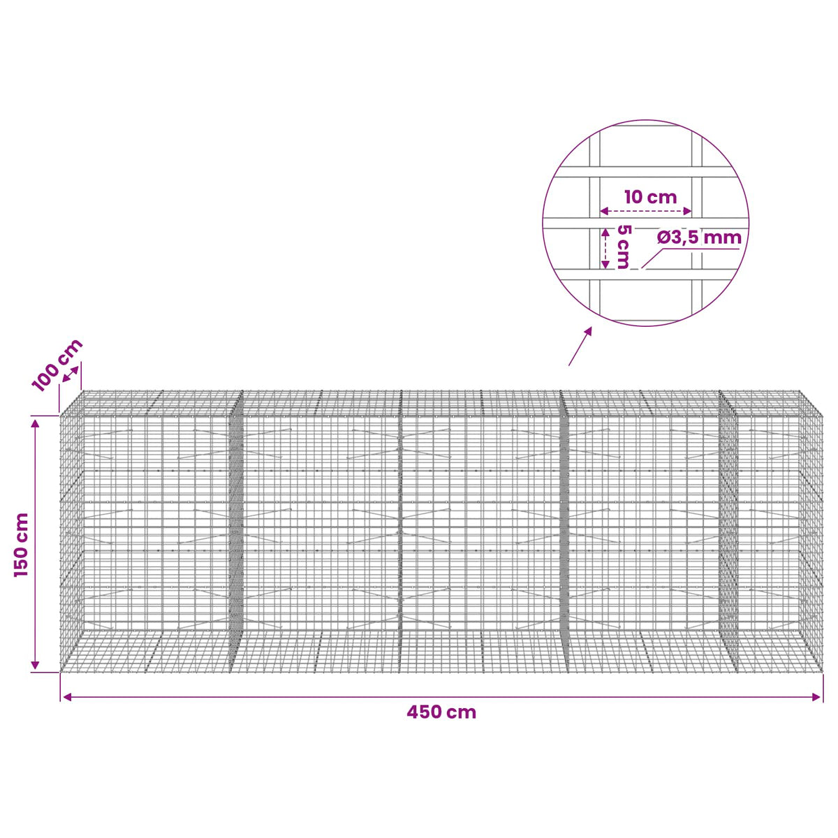vidaXL Gabion with 3.5 mm Wire and 5x10 cm Mesh 450x100x150 cm 6