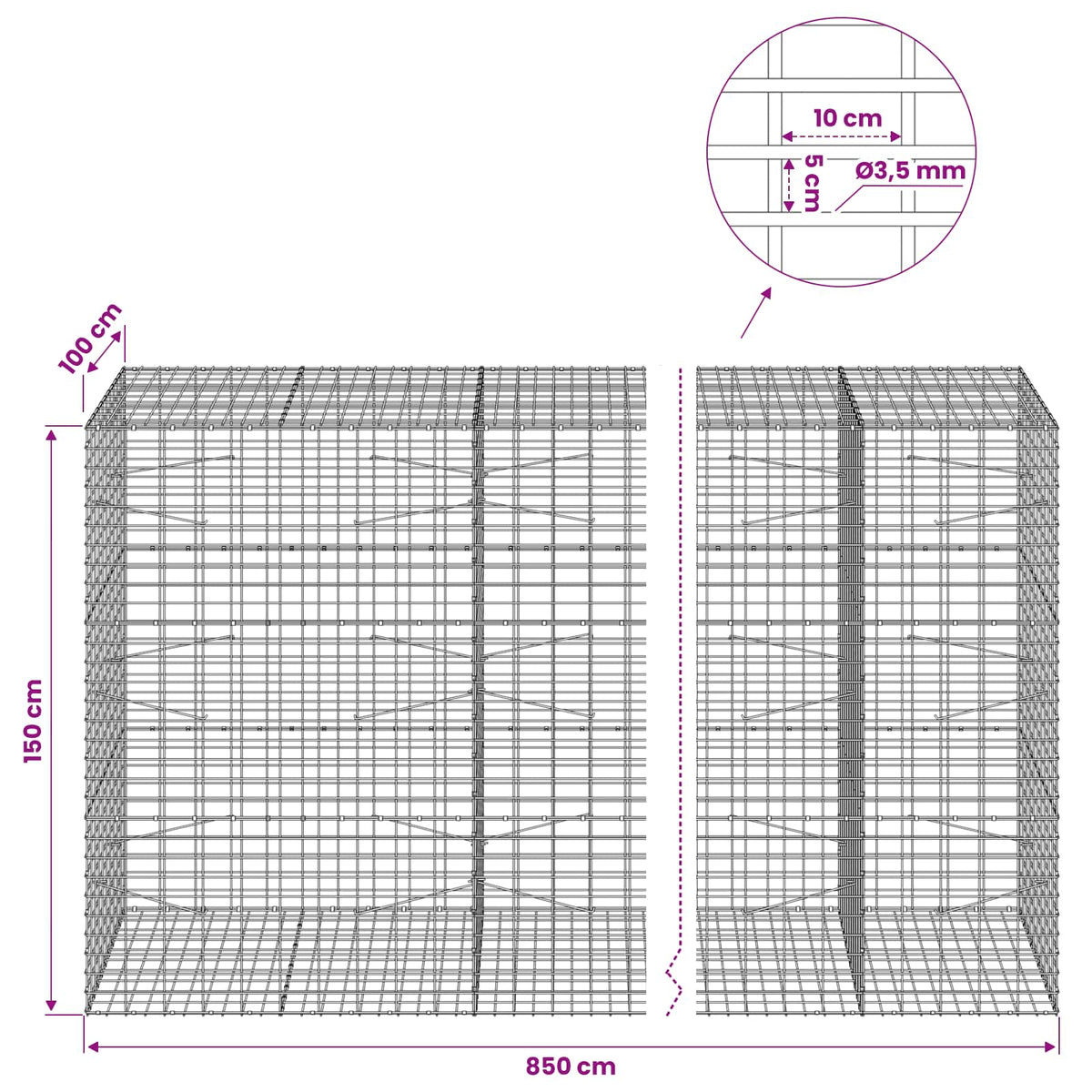 vidaXL Gabion with 3.5 mm Wire and 5x10 cm Mesh 850x100x150 cm 6