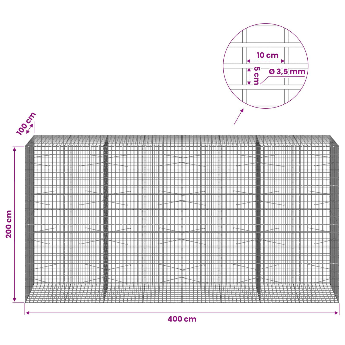 vidaXL Gabion with 3.5 mm Wire and 5x10 cm Mesh 400x100x200 cm 6
