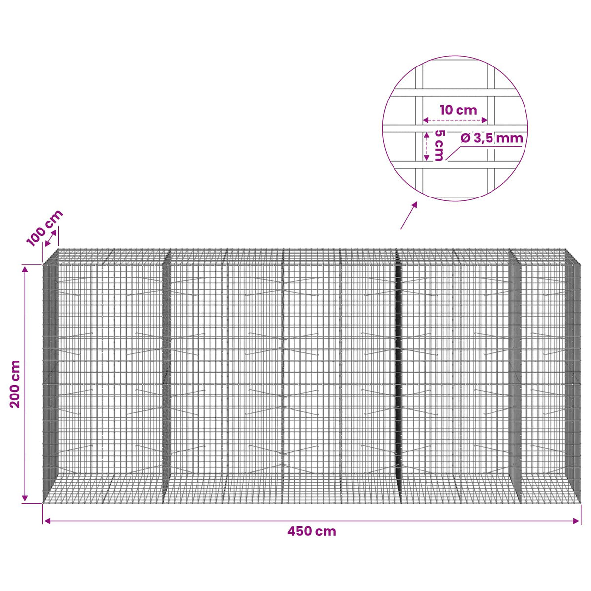 vidaXL Gabion with 3.5 mm Wire and 5x10 cm Mesh 450x100x200 cm 6