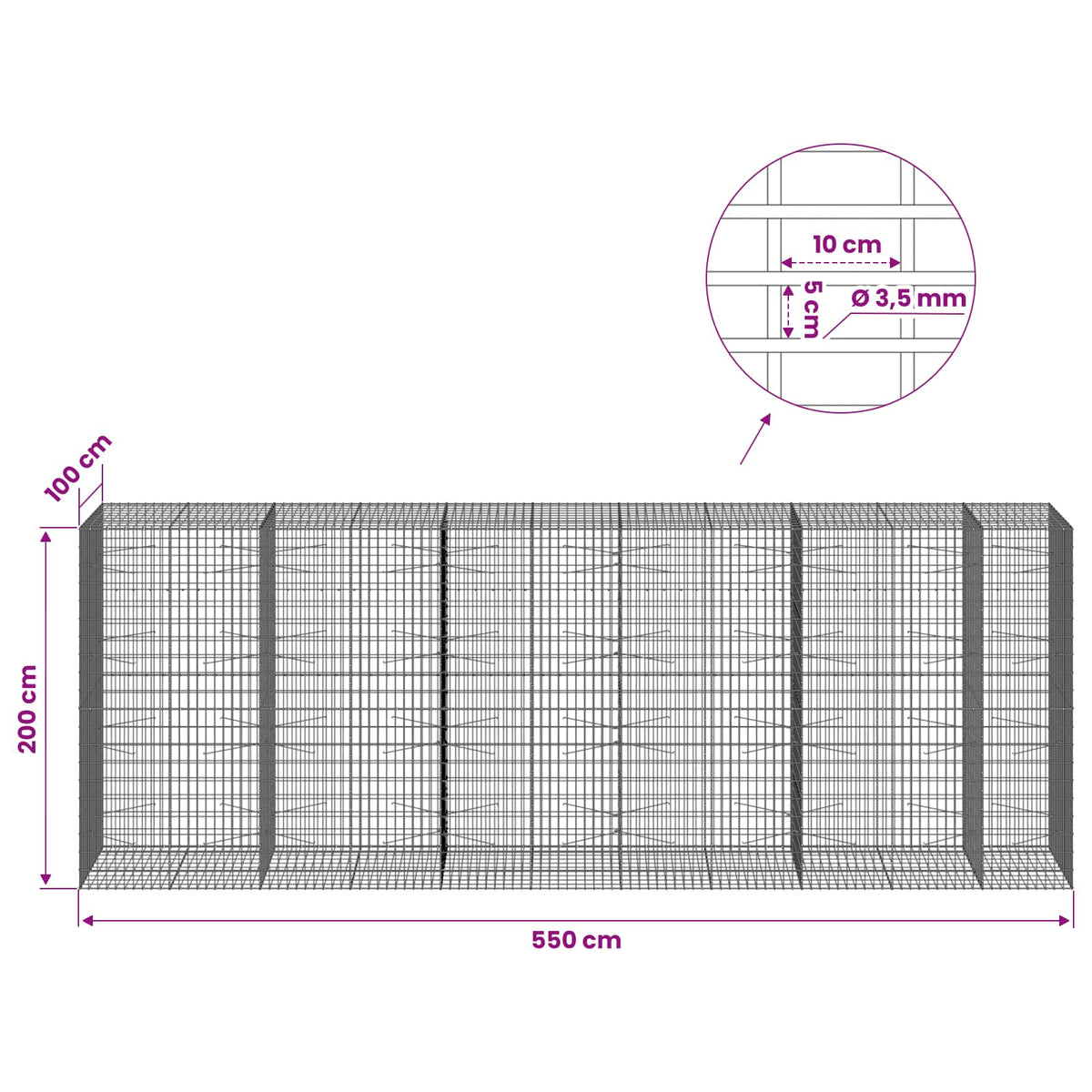 vidaXL Gabion with 3.5 mm Wire and 5x10 cm Mesh 550x100x200 cm 6