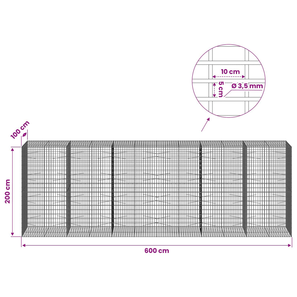 vidaXL Gabion with 3.5 mm Wire and 5x10 cm Mesh 600x100x200 cm 6