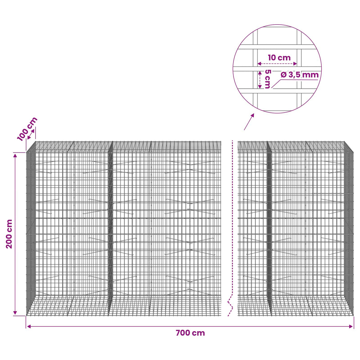 vidaXL Gabion with 3.5 mm Wire and 5x10 cm Mesh 700x100x200 cm 6