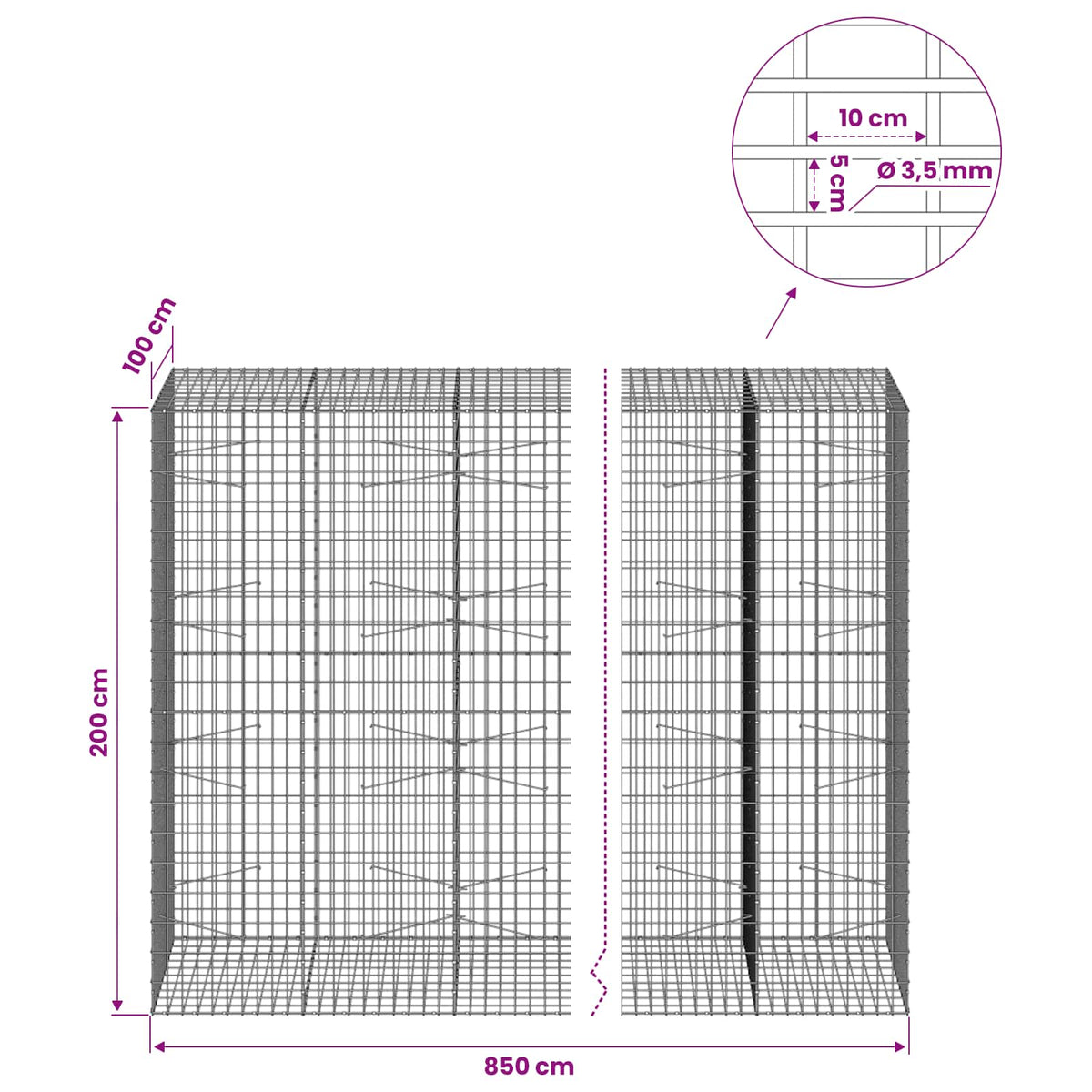 vidaXL Gabion with 3.5 mm Wire and 5x10 cm Mesh 850x100x200 cm 6