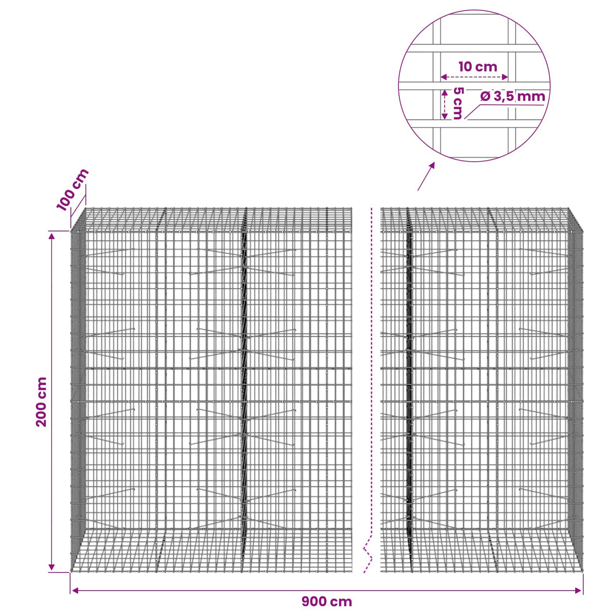 vidaXL Gabion with 3.5 mm Wire and 5x10 cm Mesh 900x100x200 cm 6