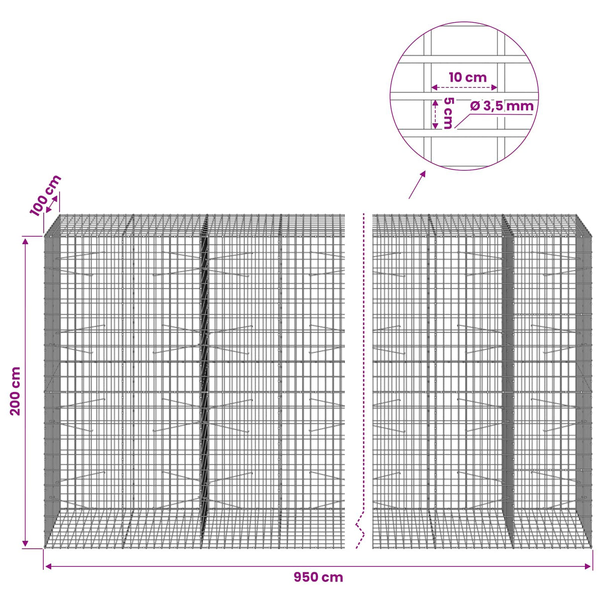 vidaXL Gabion with 3.5 mm Wire and 5x10 cm Mesh 950x100x200 cm 6