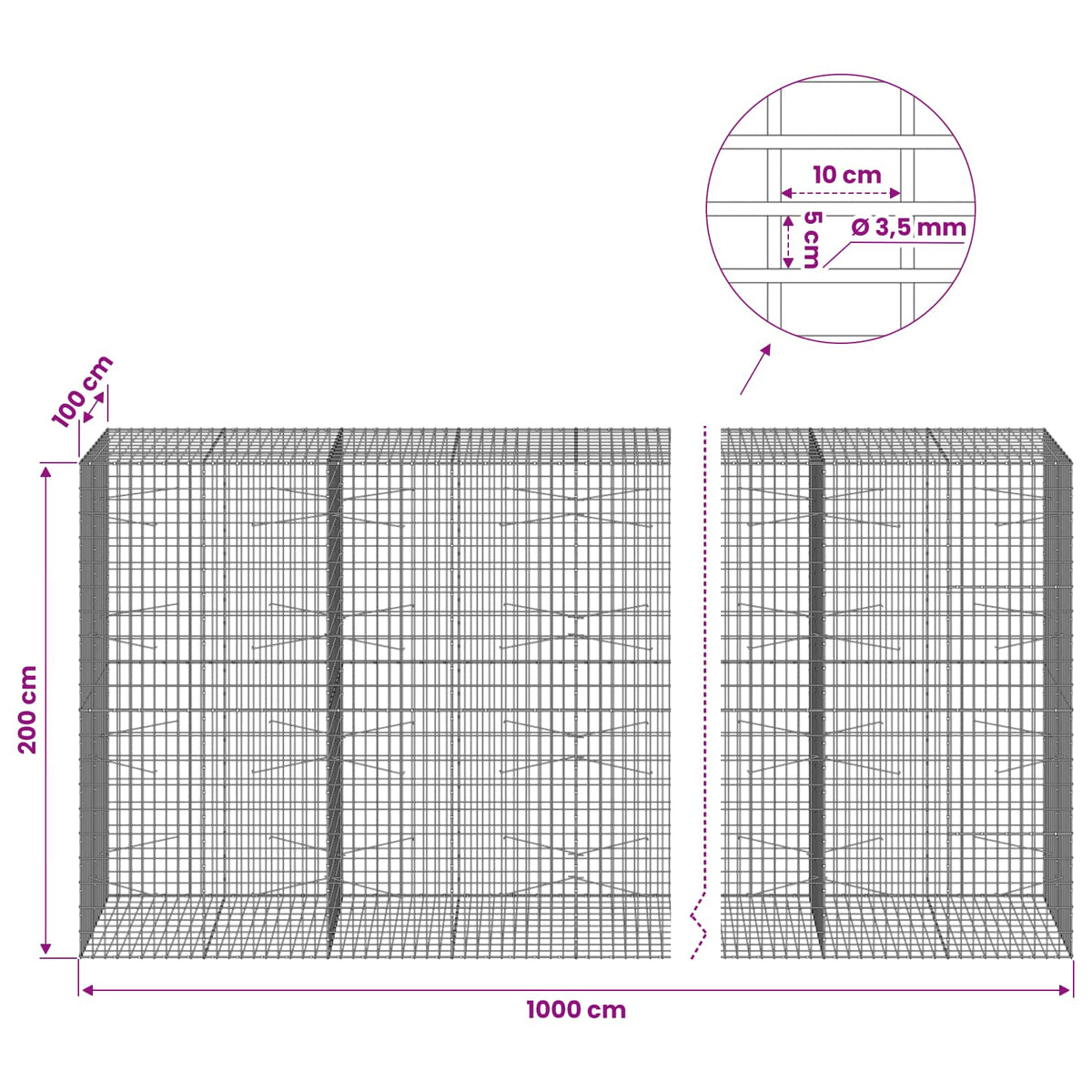 vidaXL Gabion with 3.5 mm Wire and 5x10 cm Mesh 1000x100x200 cm 6
