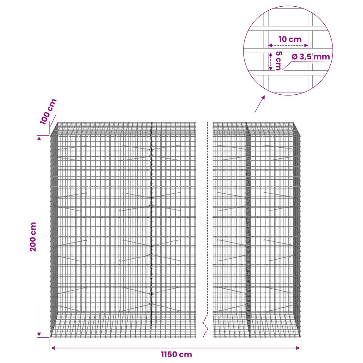 vidaXL Gabion with 3.5 mm Wire and 5x10 cm Mesh 1150x100x200 cm 6