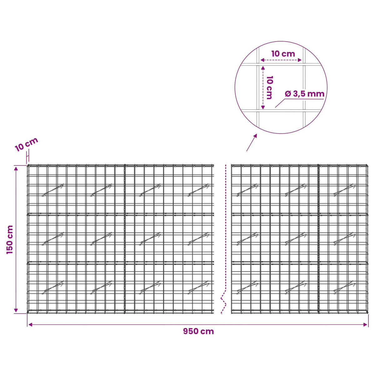 vidaXL Gabion with 3.5 mm Wire and 10x10 cm Mesh 950x10x150 cm 6