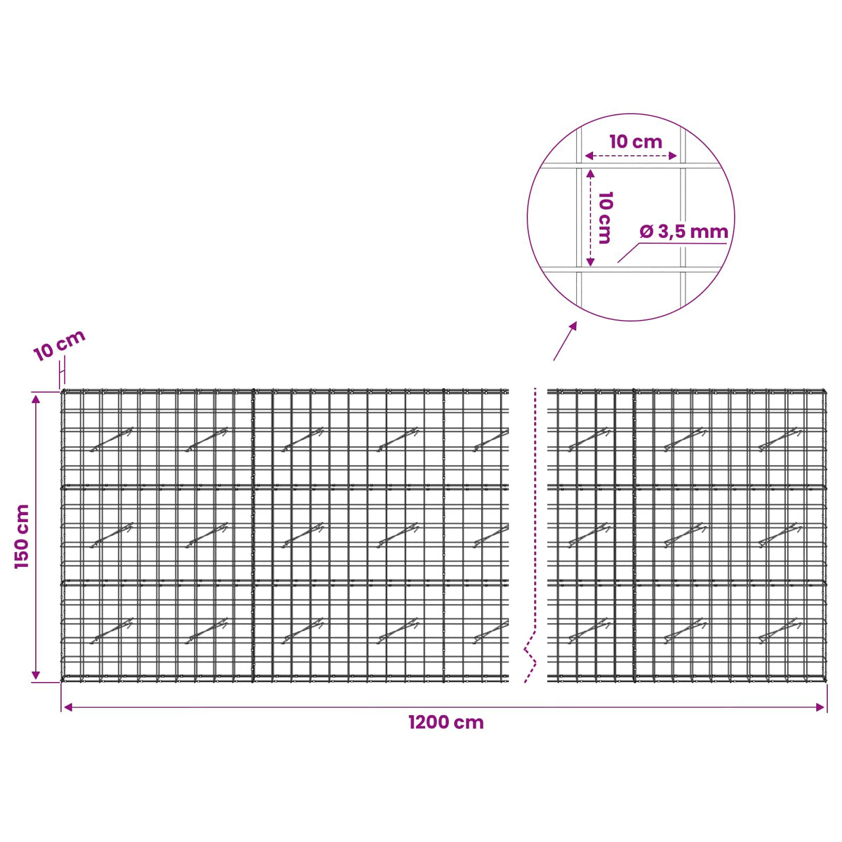 vidaXL Gabion with 3.5 mm Wire and 10x10 cm Mesh 1200x10x150 cm 6