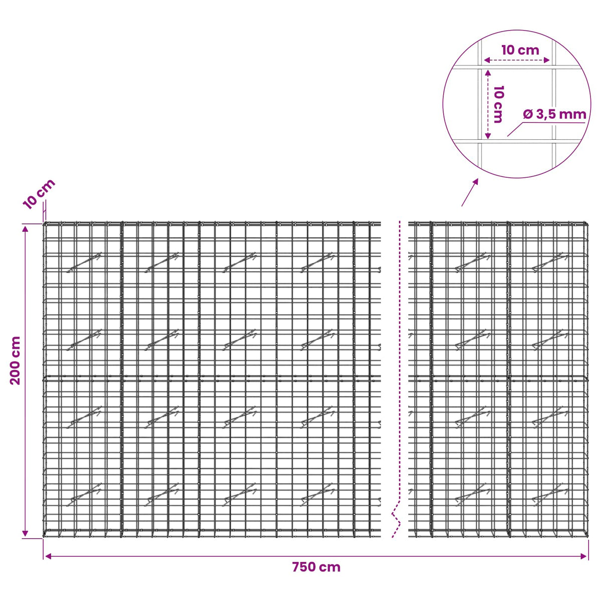 vidaXL Gabion with 3.5 mm Wire and 10x10 cm Mesh 750x10x200 cm 6