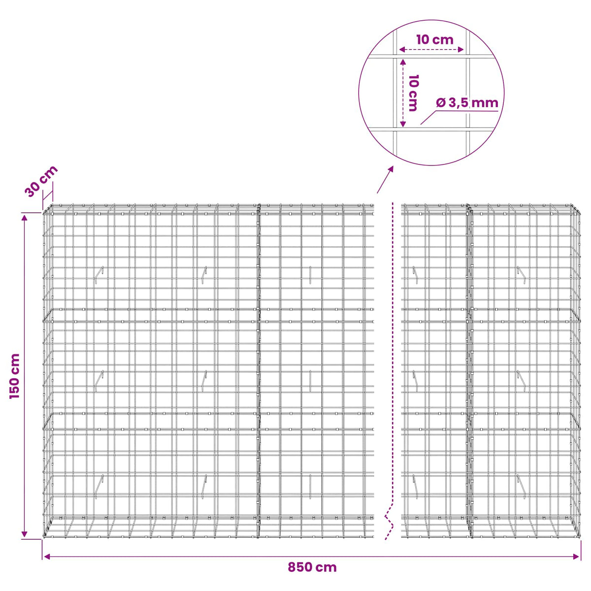 vidaXL Gabion with 3.5 mm Wire and 10x10 cm Mesh 850x30x150 cm 6