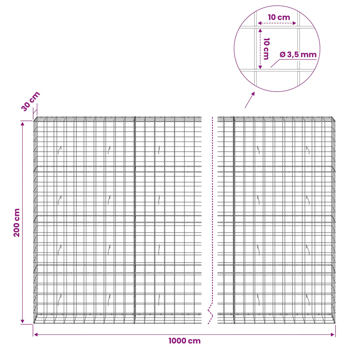 vidaXL Gabion with 3.5 mm Wire and 10x10 cm Mesh 1000x30x200 cm 6