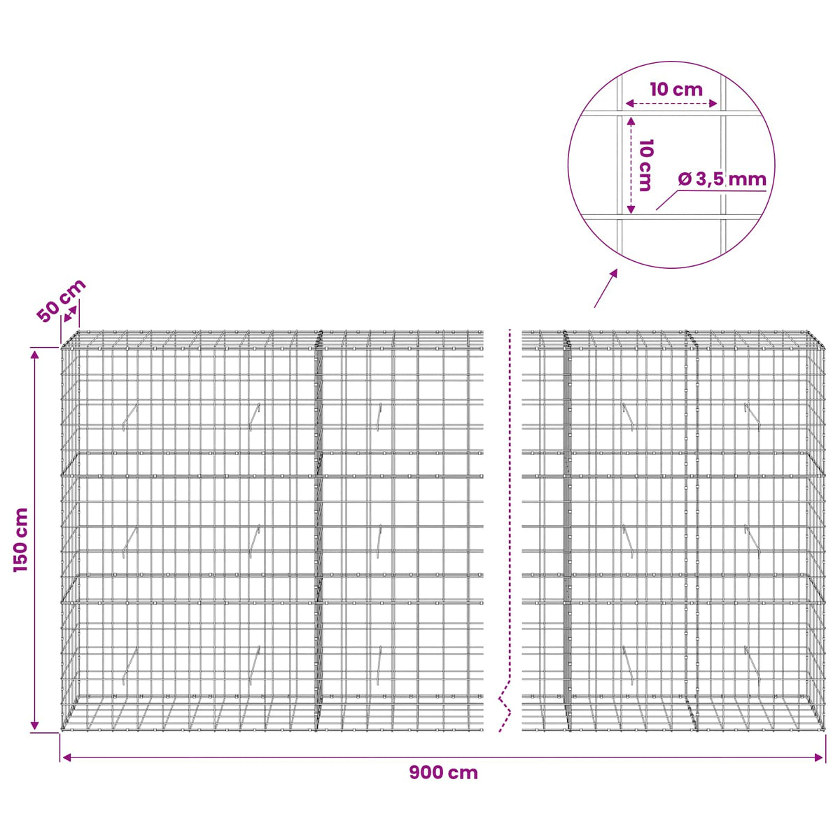 vidaXL Gabion with 3.5 mm Wire and 10x10 cm Mesh 900x50x150 cm 6