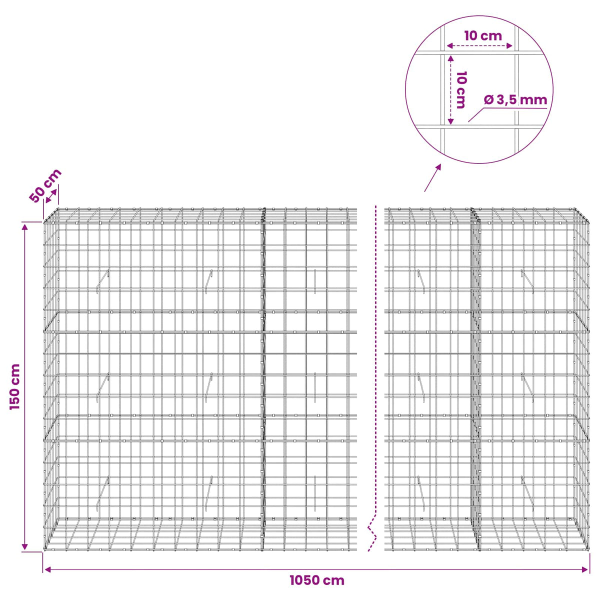 vidaXL Gabion with 3.5 mm Wire and 10x10 cm Mesh 1050x50x150 cm 6