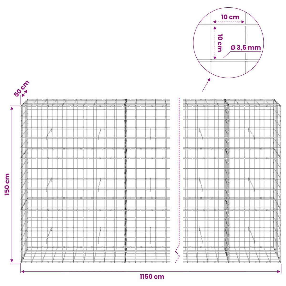 vidaXL Gabion with 3.5 mm Wire and 10x10 cm Mesh 1150x50x150 cm 6