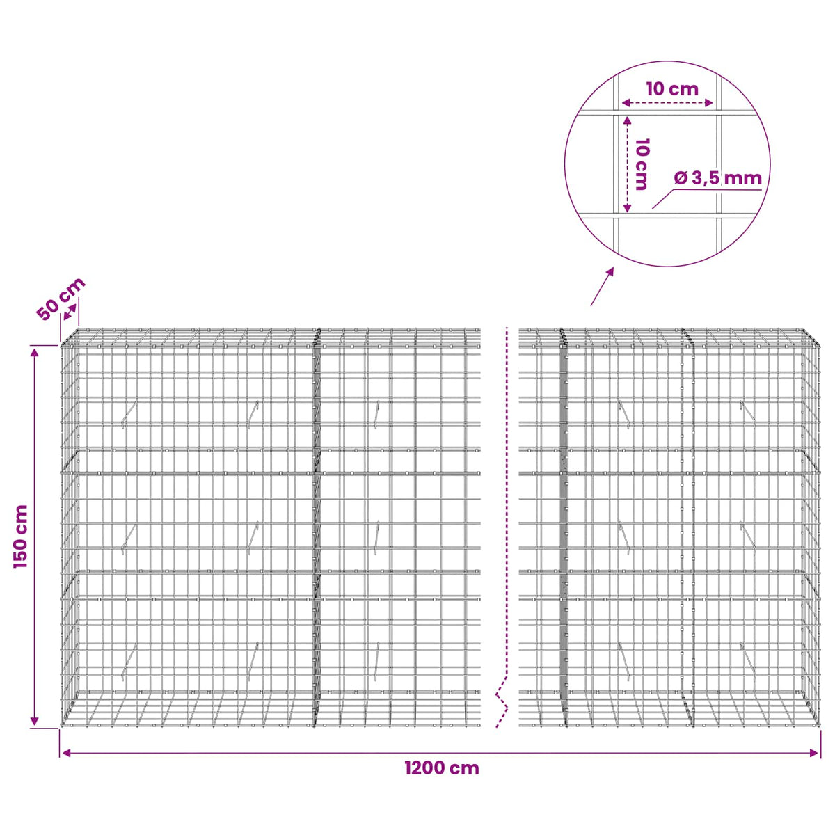 vidaXL Gabion with 3.5 mm Wire and 10x10 cm Mesh 1200x50x150 cm 6