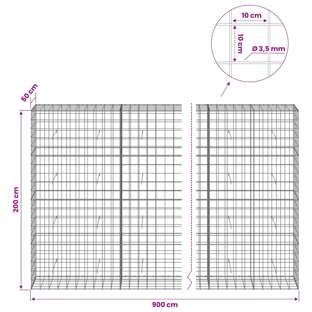 vidaXL Gabion with 3.5 mm Wire and 10x10 cm Mesh 900x50x200 cm 6