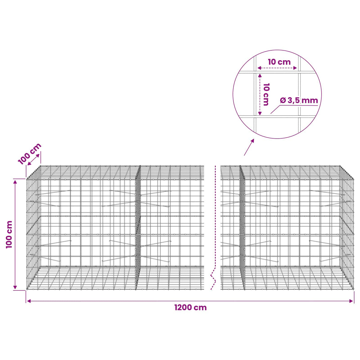 vidaXL Gabion with 3.5 mm Wire and 10x10 cm Mesh 1200x100x100 cm 6