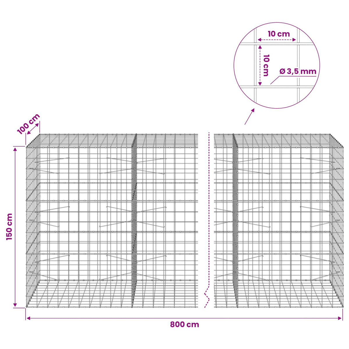 vidaXL Gabion with 3.5 mm Wire and 10x10 cm Mesh 800x100x150 cm 6