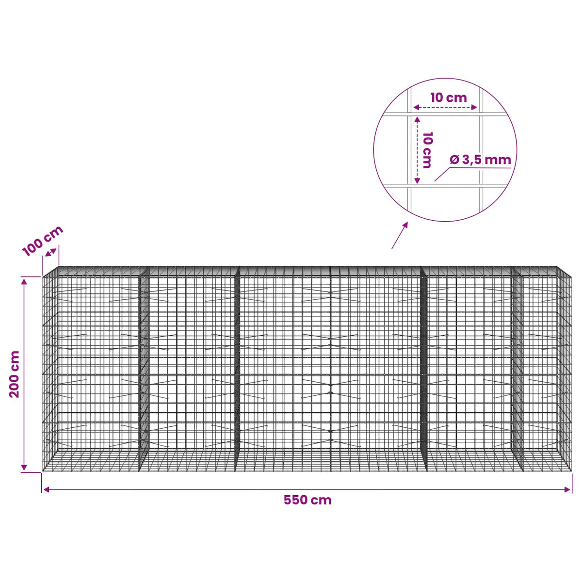 vidaXL Gabion with 3.5 mm Wire and 10x10 cm Mesh 550x100x200 cm 6