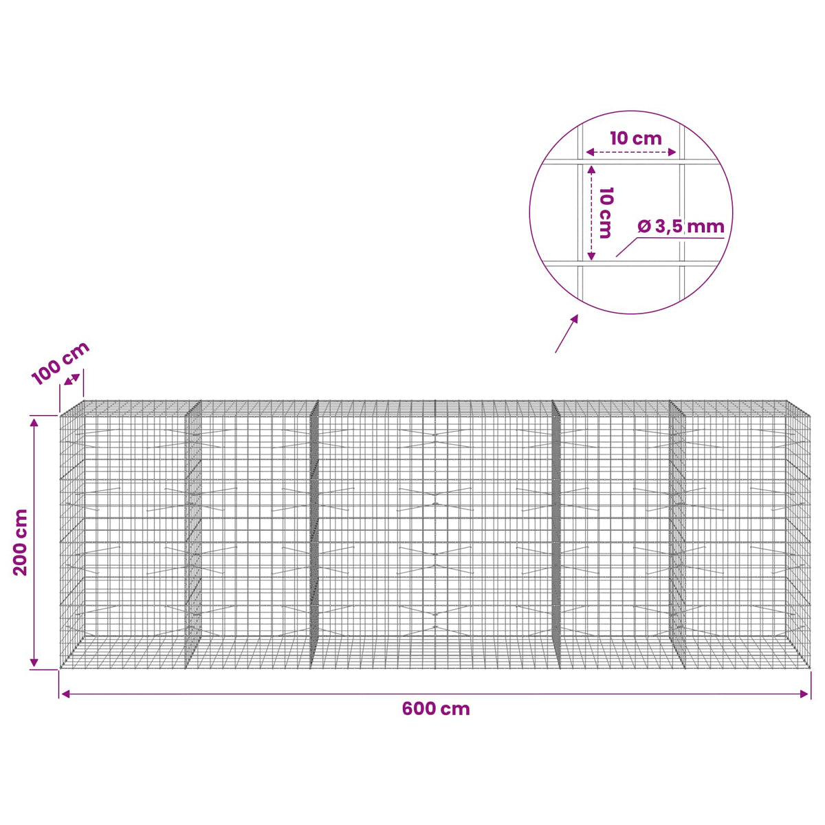 vidaXL Gabion with 3.5 mm Wire and 10x10 cm Mesh 600x100x200 cm 6