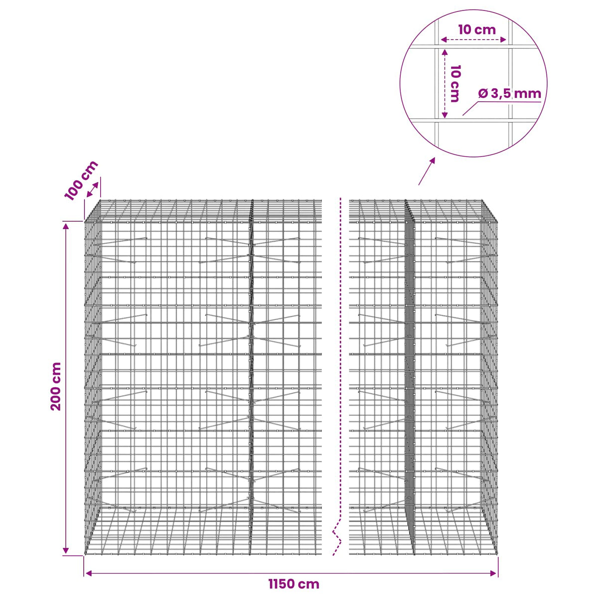 vidaXL Gabion with 3.5 mm Wire and 10x10 cm Mesh 1150x100x200 cm 6