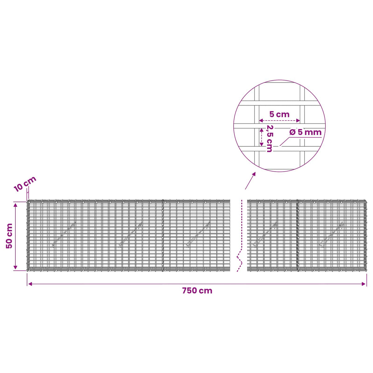 vidaXL Gabion with 5 mm Wire and 5x2.5 cm Mesh 750x10x50 cm 6