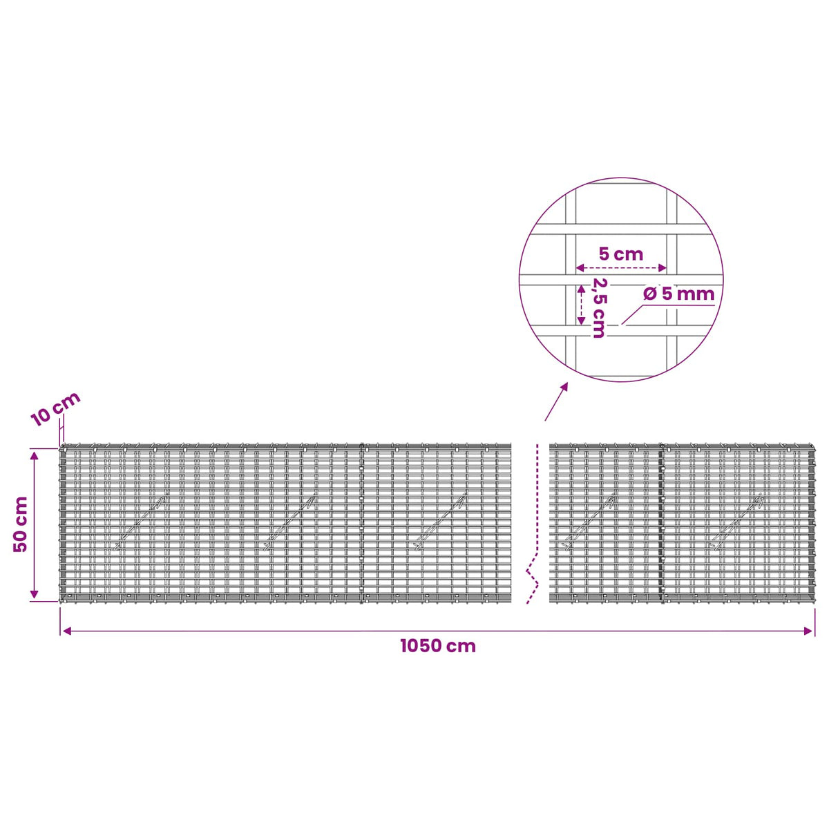 vidaXL Gabion with 5 mm Wire and 5x2.5 cm Mesh 1050x10x50 cm 6