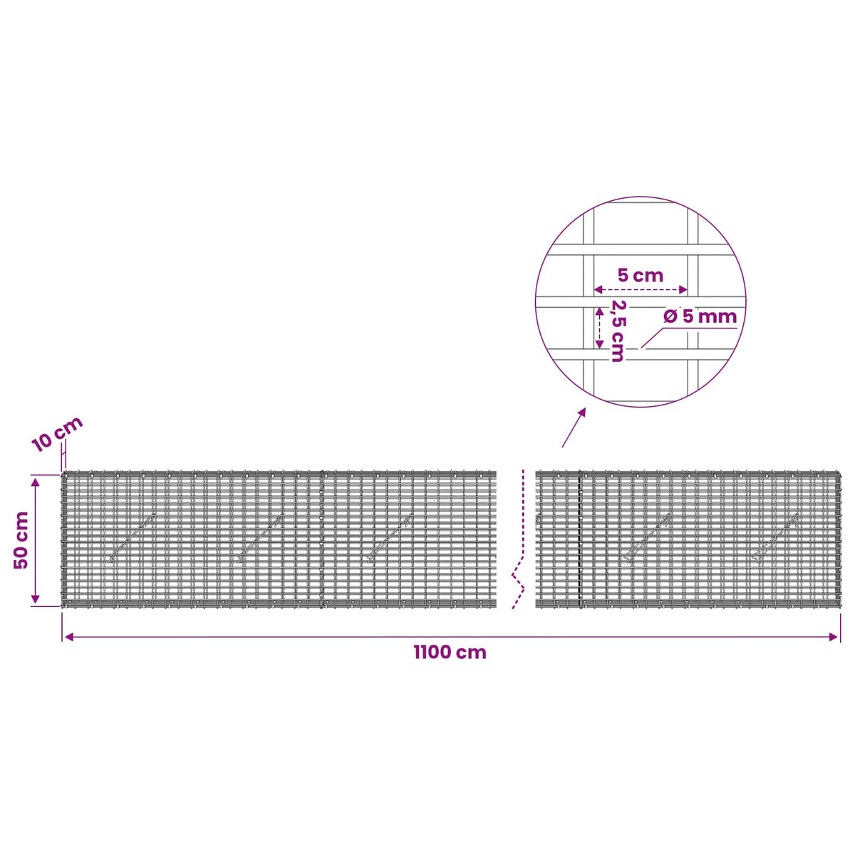 vidaXL Gabion with 5 mm Wire and 5x2.5 cm Mesh 1100x10x50 cm 6