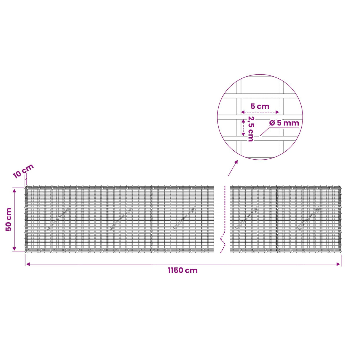 vidaXL Gabion with 5 mm Wire and 5x2.5 cm Mesh 1150x10x50 cm 6