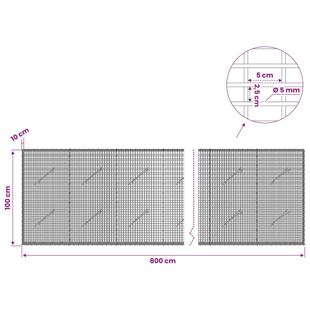 vidaXL Gabion with 5 mm Wire and 5x2.5 cm Mesh 800x10x100 cm 6