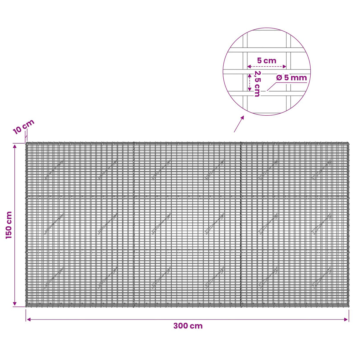 vidaXL Gabion with 5 mm Wire and 5x2.5 cm Mesh 300x10x150 cm 6