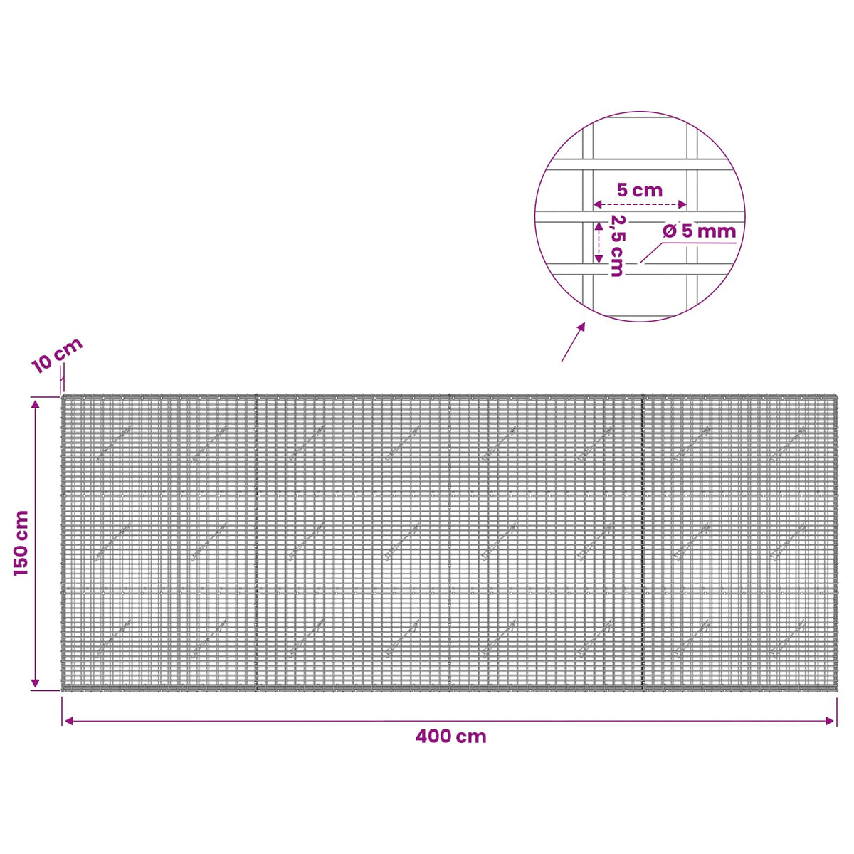 vidaXL Gabion with 5 mm Wire and 5x2.5 cm Mesh 400x10x150 cm 6