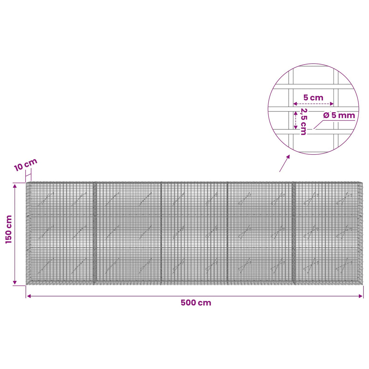 vidaXL Gabion with 5 mm Wire and 5x2.5 cm Mesh 500x10x150 cm 6