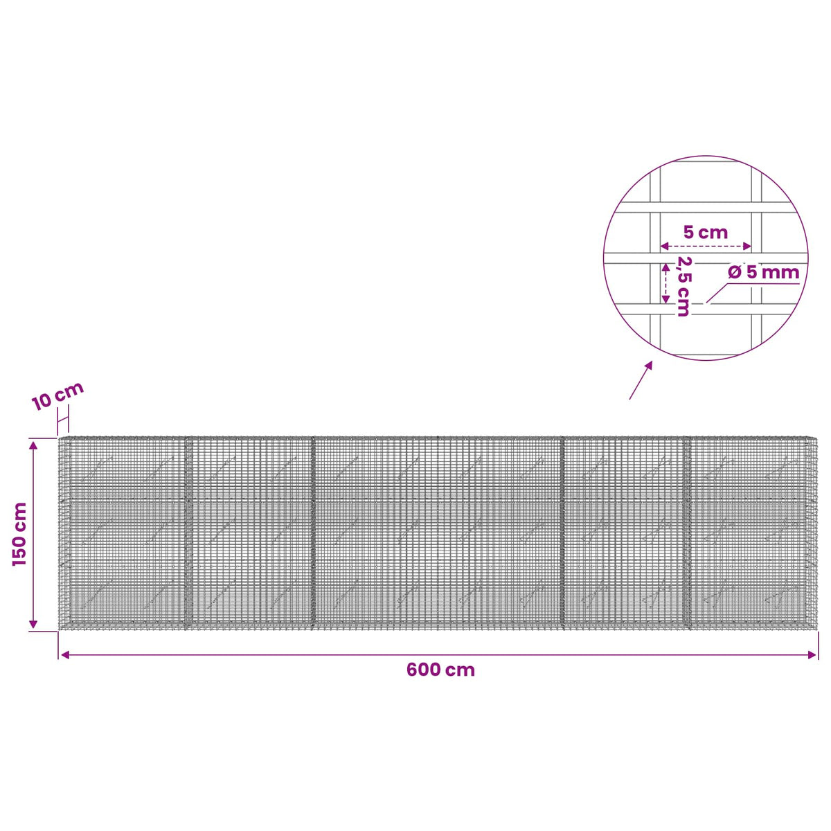vidaXL Gabion with 5 mm Wire and 5x2.5 cm Mesh 600x10x150 cm 6
