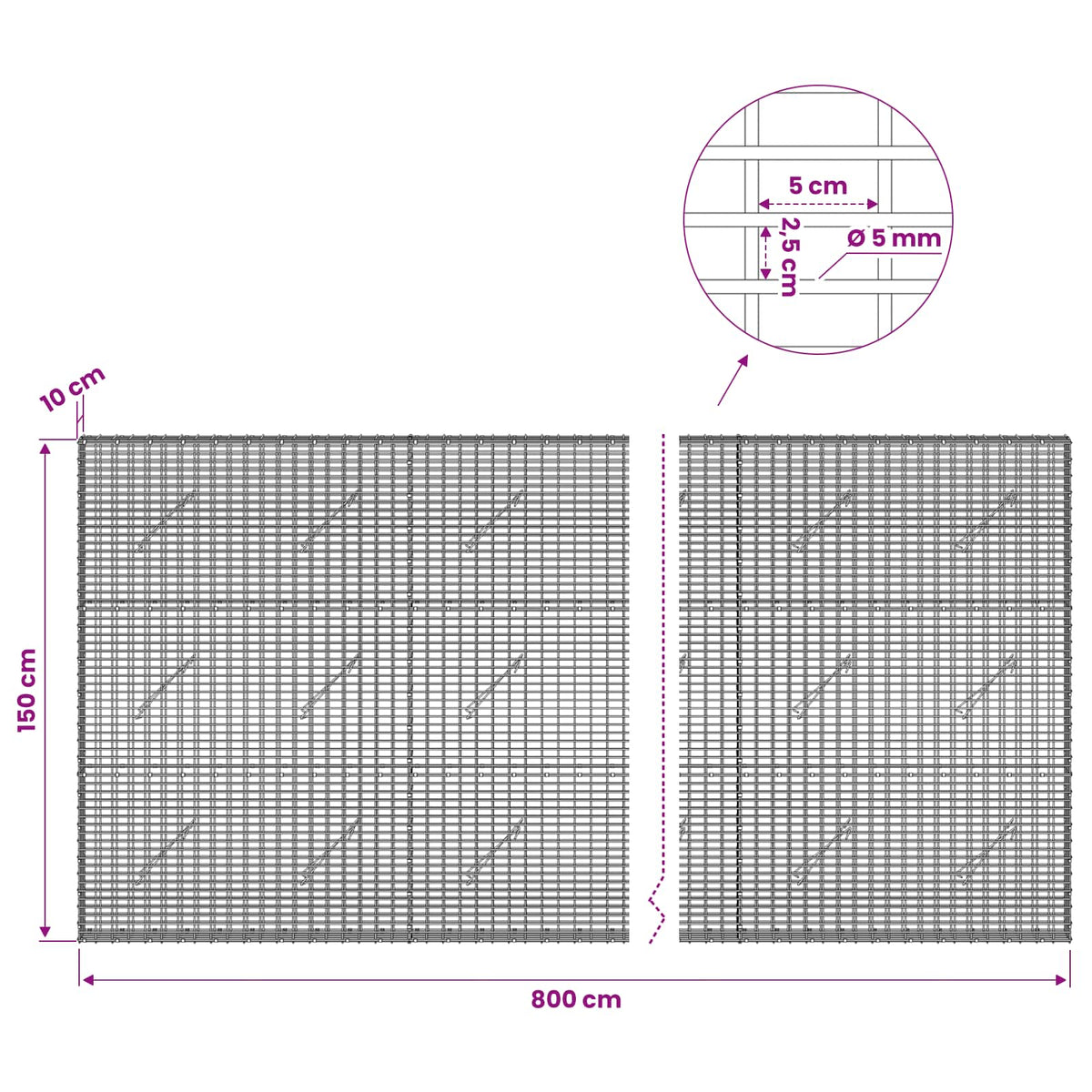 vidaXL Gabion with 5 mm Wire and 5x2.5 cm Mesh 800x10x150 cm 6