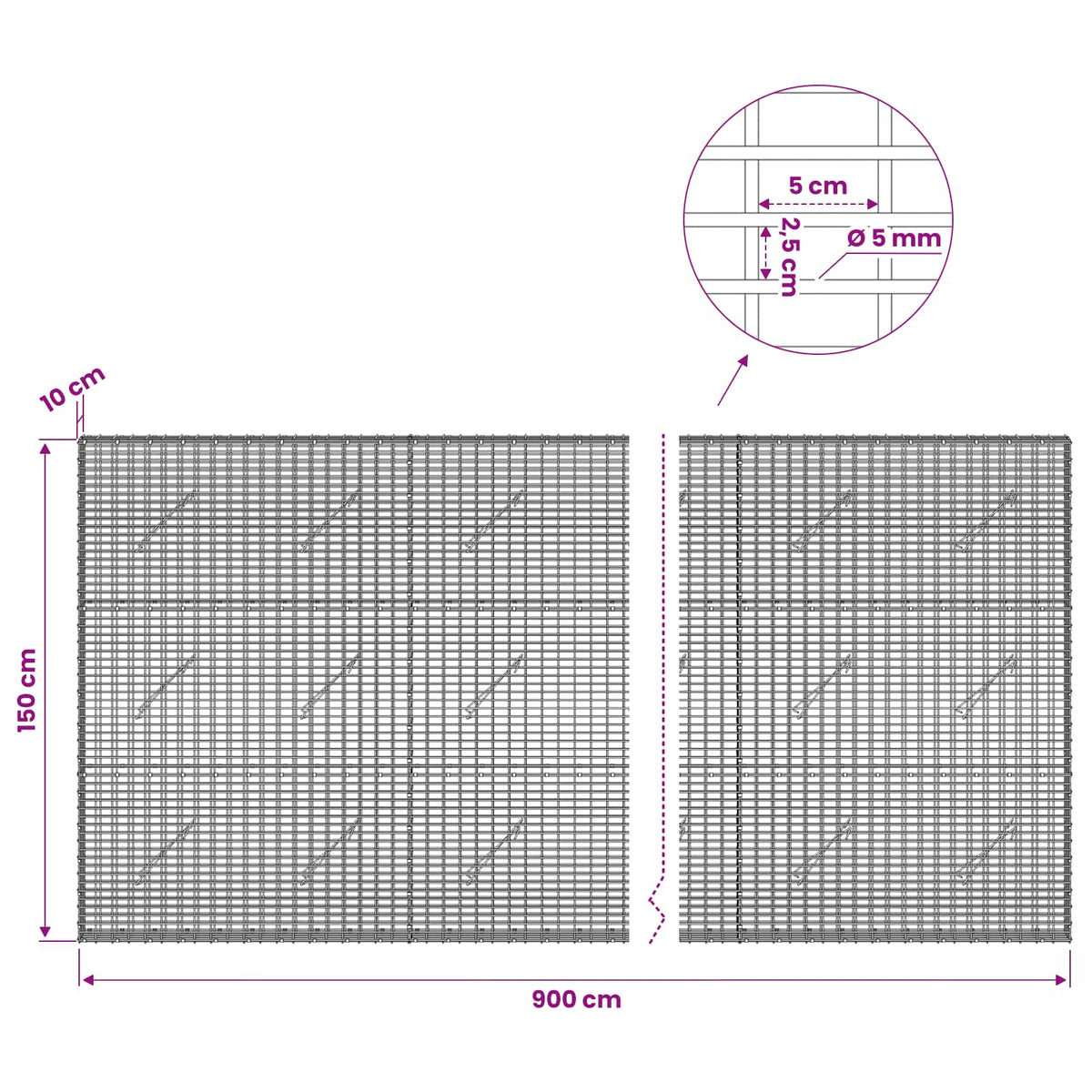vidaXL Gabion with 5 mm Wire and 5x2.5 cm Mesh 900x10x150 cm 6