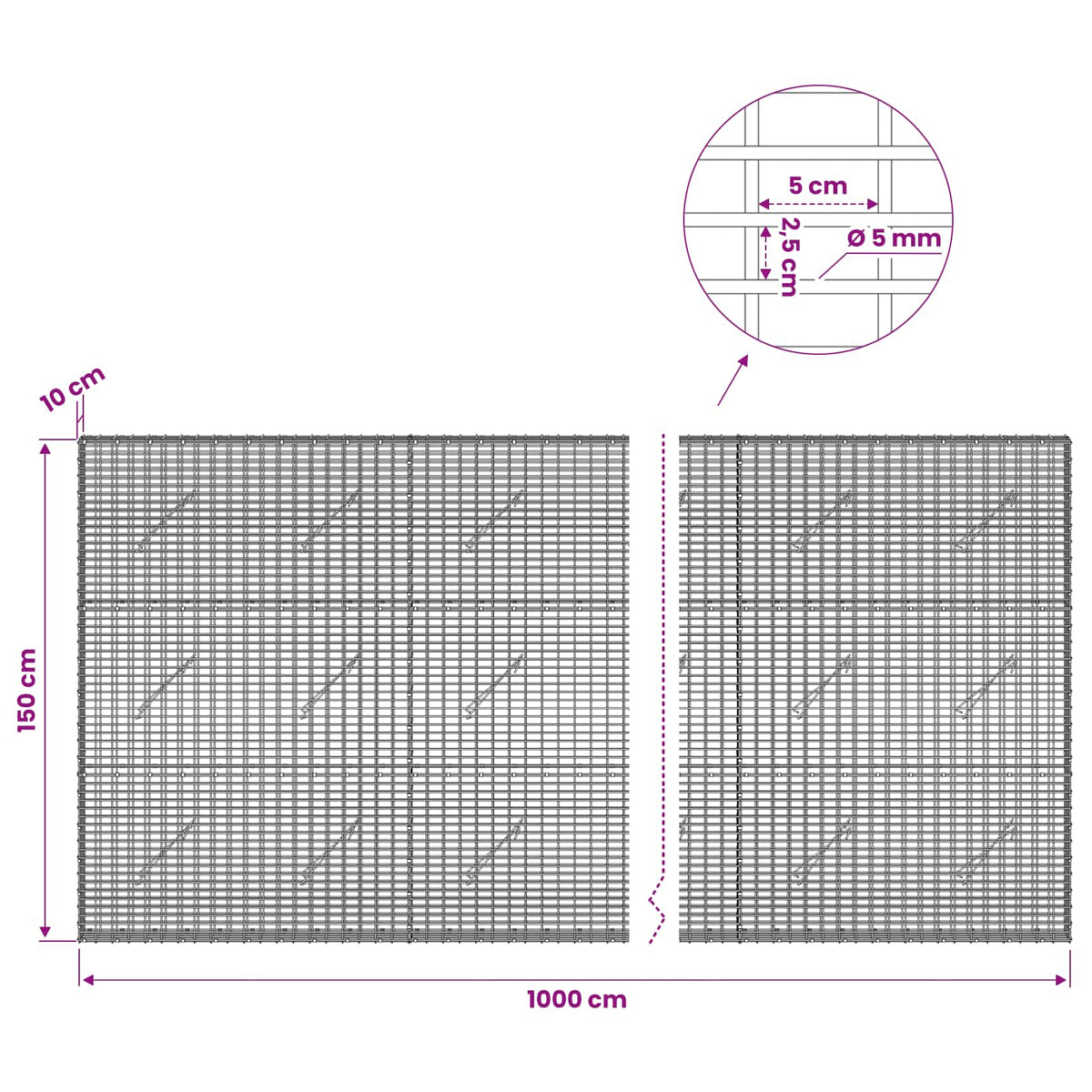 vidaXL Gabion with 5 mm Wire and 5x2.5 cm Mesh 1000x10x150 cm 6