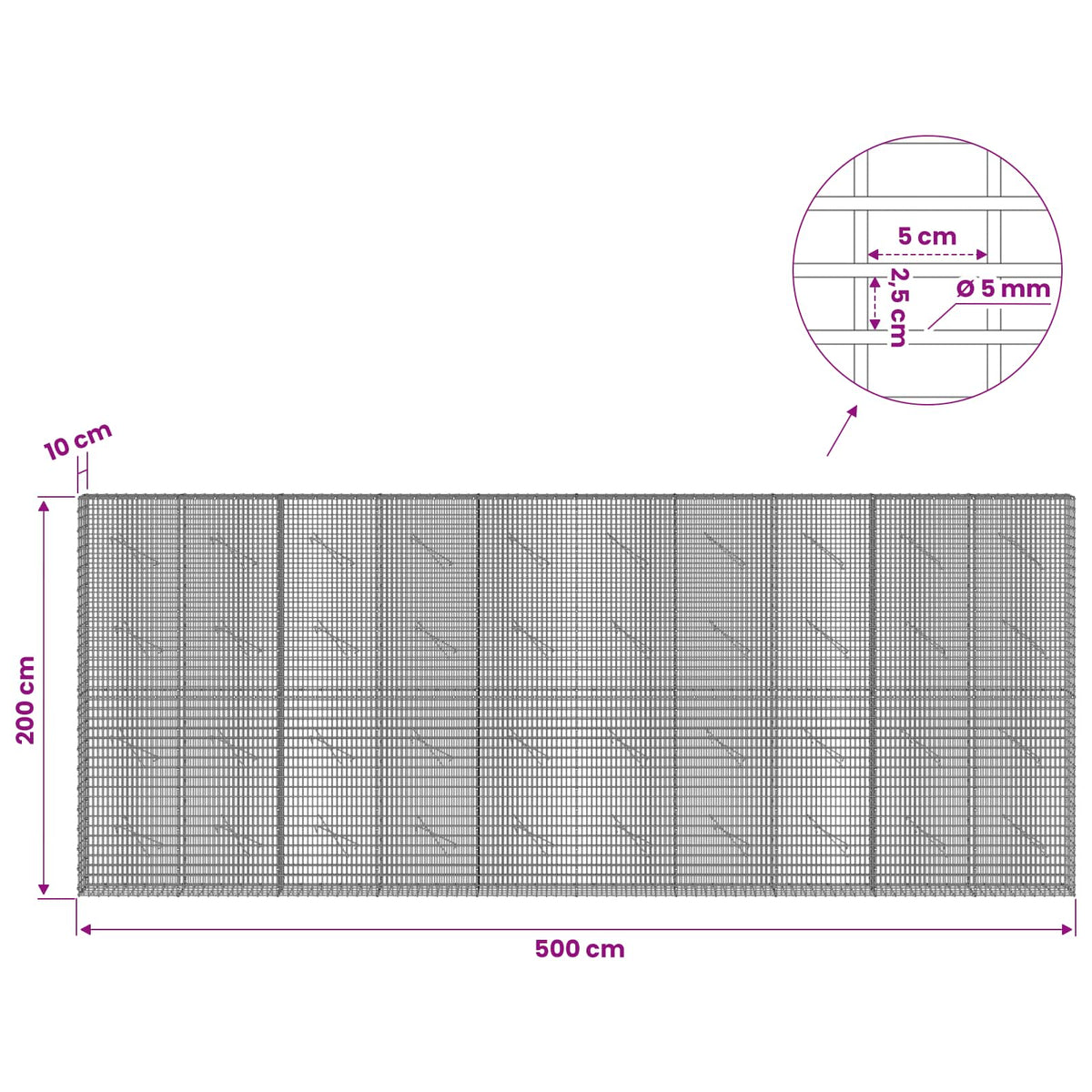 vidaXL Gabion with 5 mm Wire and 5x2.5 cm Mesh 500x10x200 cm 6