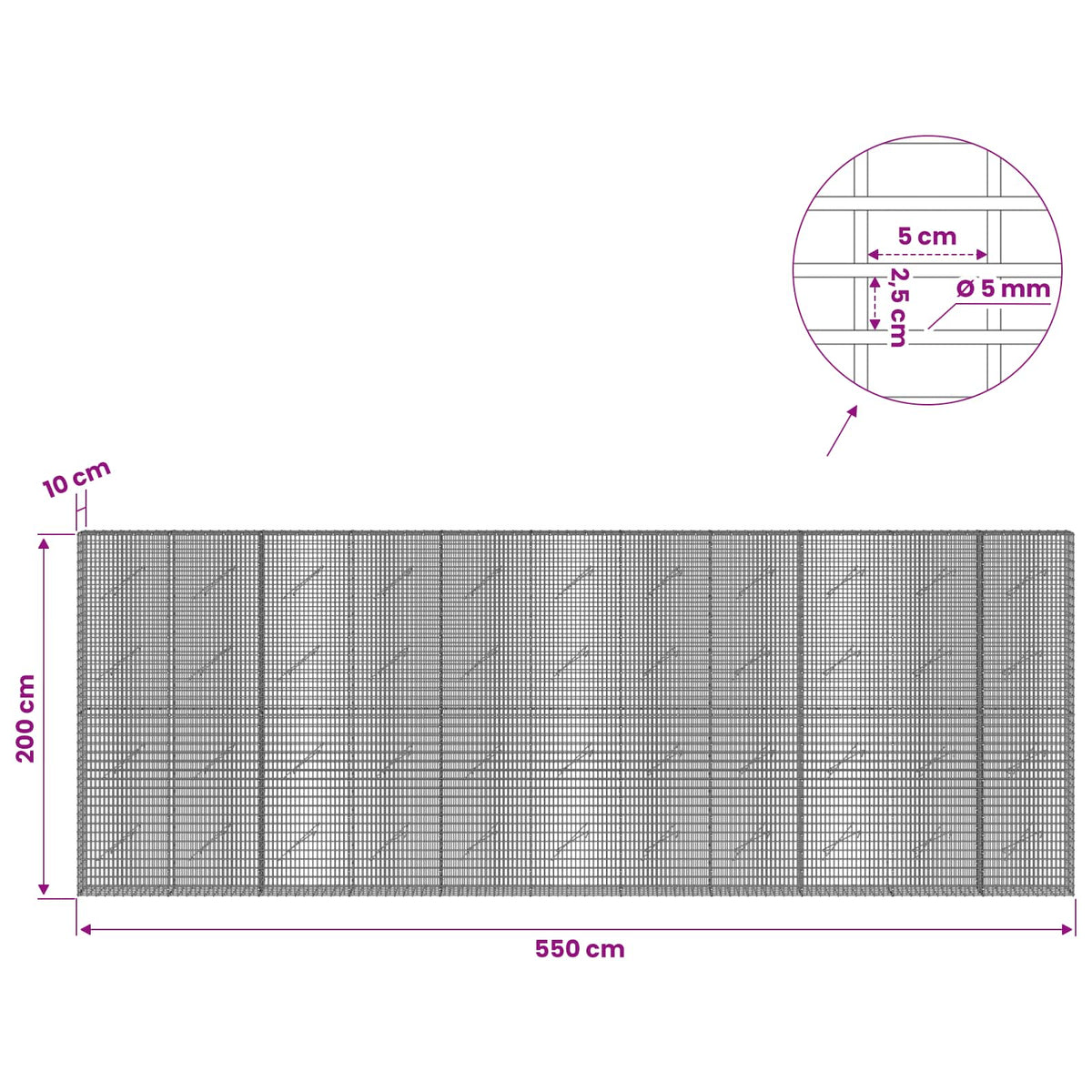 vidaXL Gabion with 5 mm Wire and 5x2.5 cm Mesh 550x10x200 cm 6