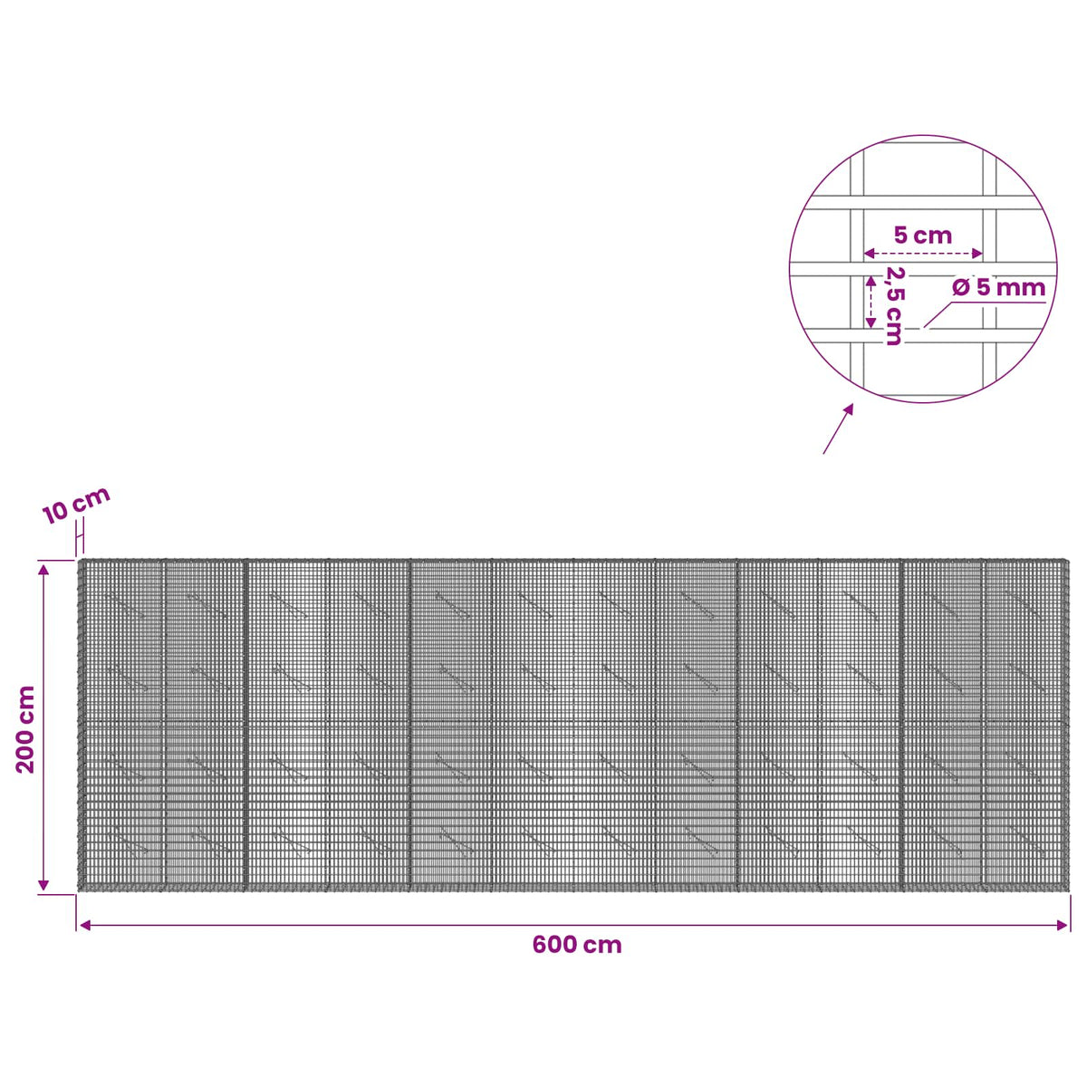 vidaXL Gabion with 5 mm Wire and 5x2.5 cm Mesh 600x10x200 cm 6