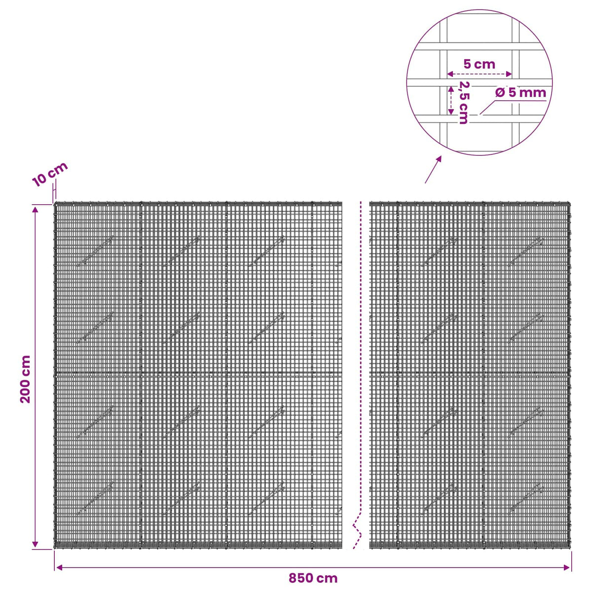 vidaXL Gabion with 5 mm Wire and 5x2.5 cm Mesh 850x10x200 cm 6
