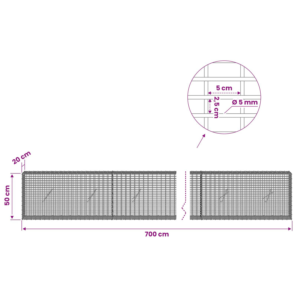 vidaXL Gabion with 5 mm Wire and 5x2.5 cm Mesh 700x20x50 cm 6