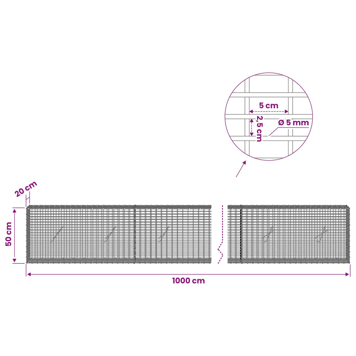 vidaXL Gabion with 5 mm Wire and 5x2.5 cm Mesh 1000x20x50 cm 6