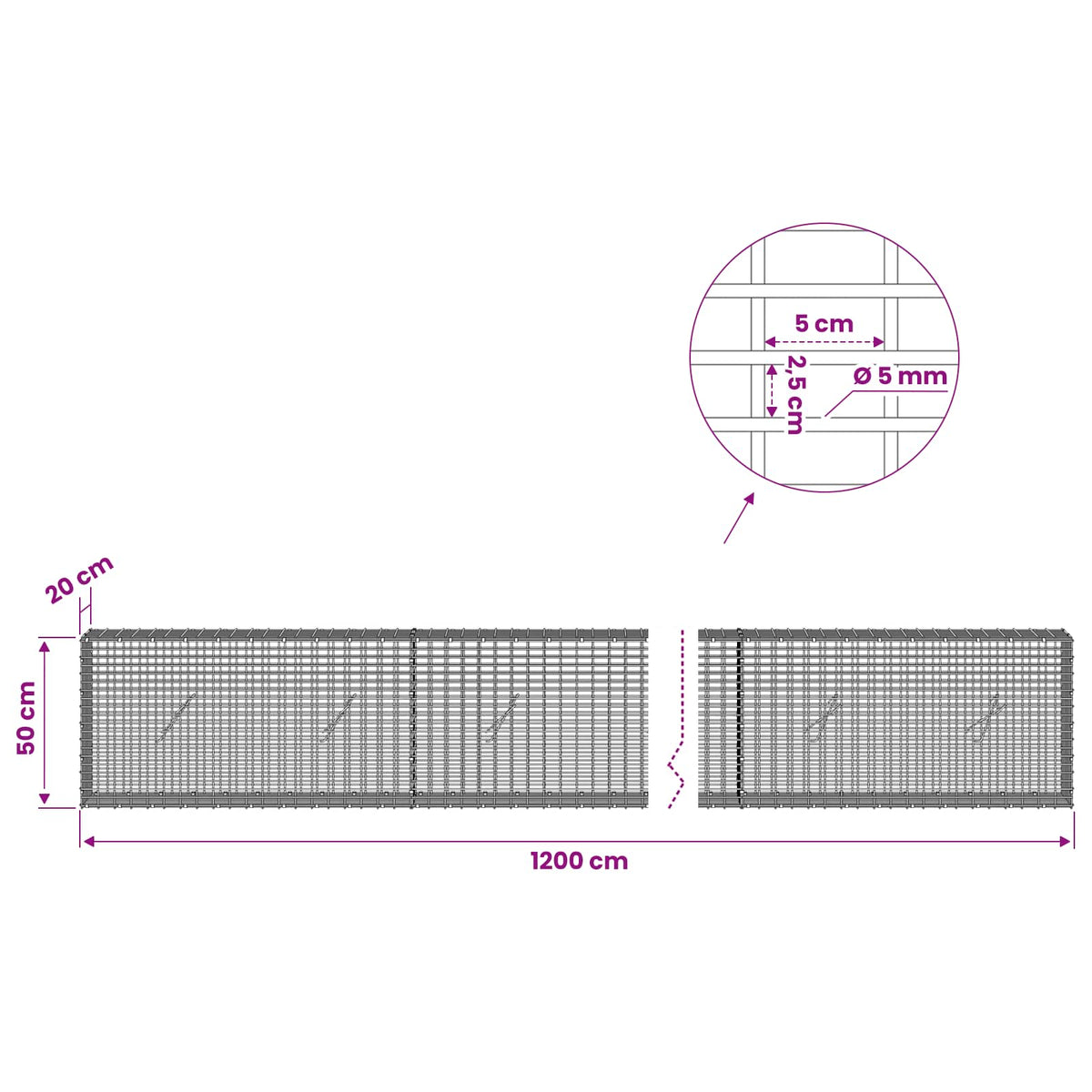 vidaXL Gabion with 5 mm Wire and 5x2.5 cm Mesh 1200x20x50 cm 6