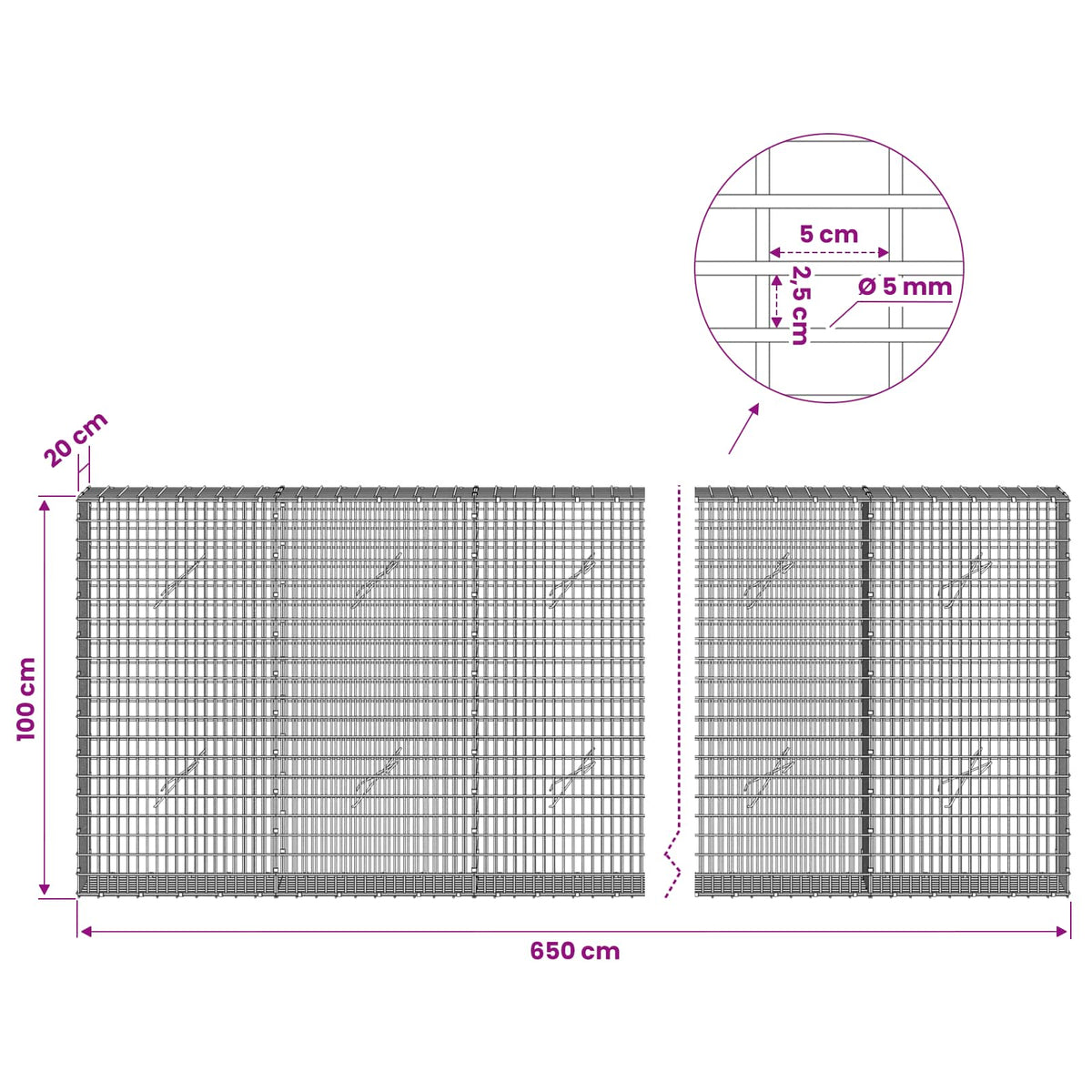 vidaXL Gabion with 5 mm Wire and 5x2.5 cm Mesh 650x20x100 cm 6