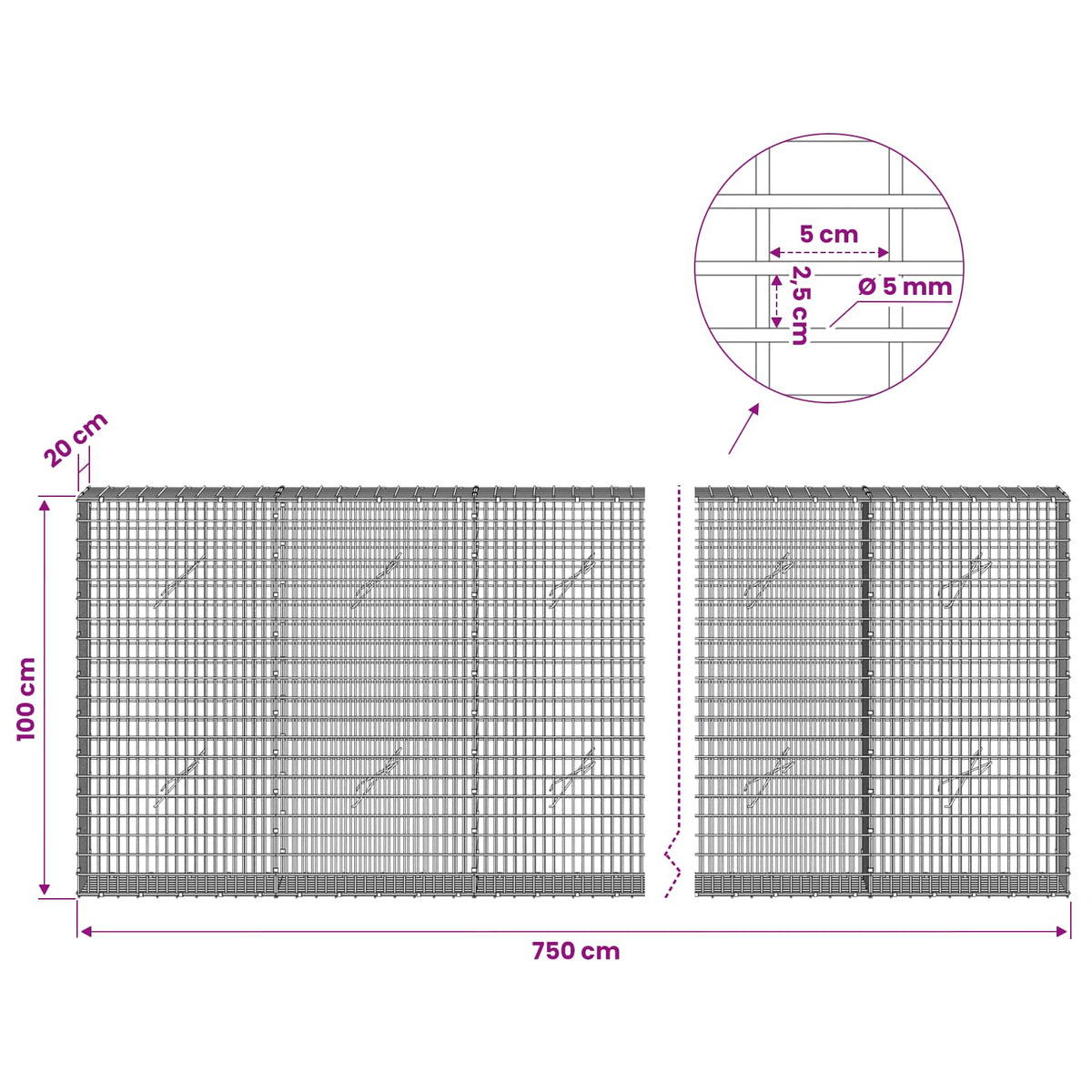 vidaXL Gabion with 5 mm Wire and 5x2.5 cm Mesh 750x20x100 cm 6