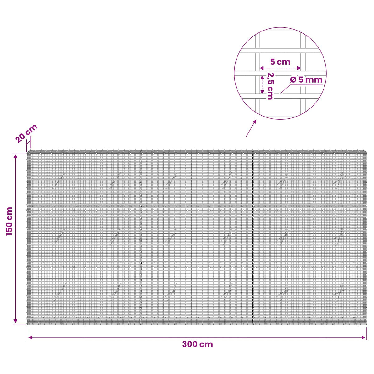 vidaXL Gabion with 5 mm Wire and 5x2.5 cm Mesh 300x20x150 cm 6
